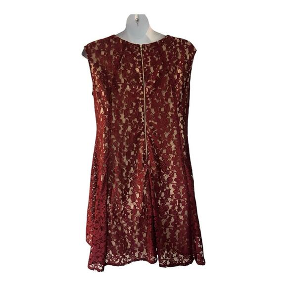 ⭐️Gabby Skye Lace Maroon Fit & Flare Sleeveless Illusion Overlay Party Dress - Picture 7 of 15